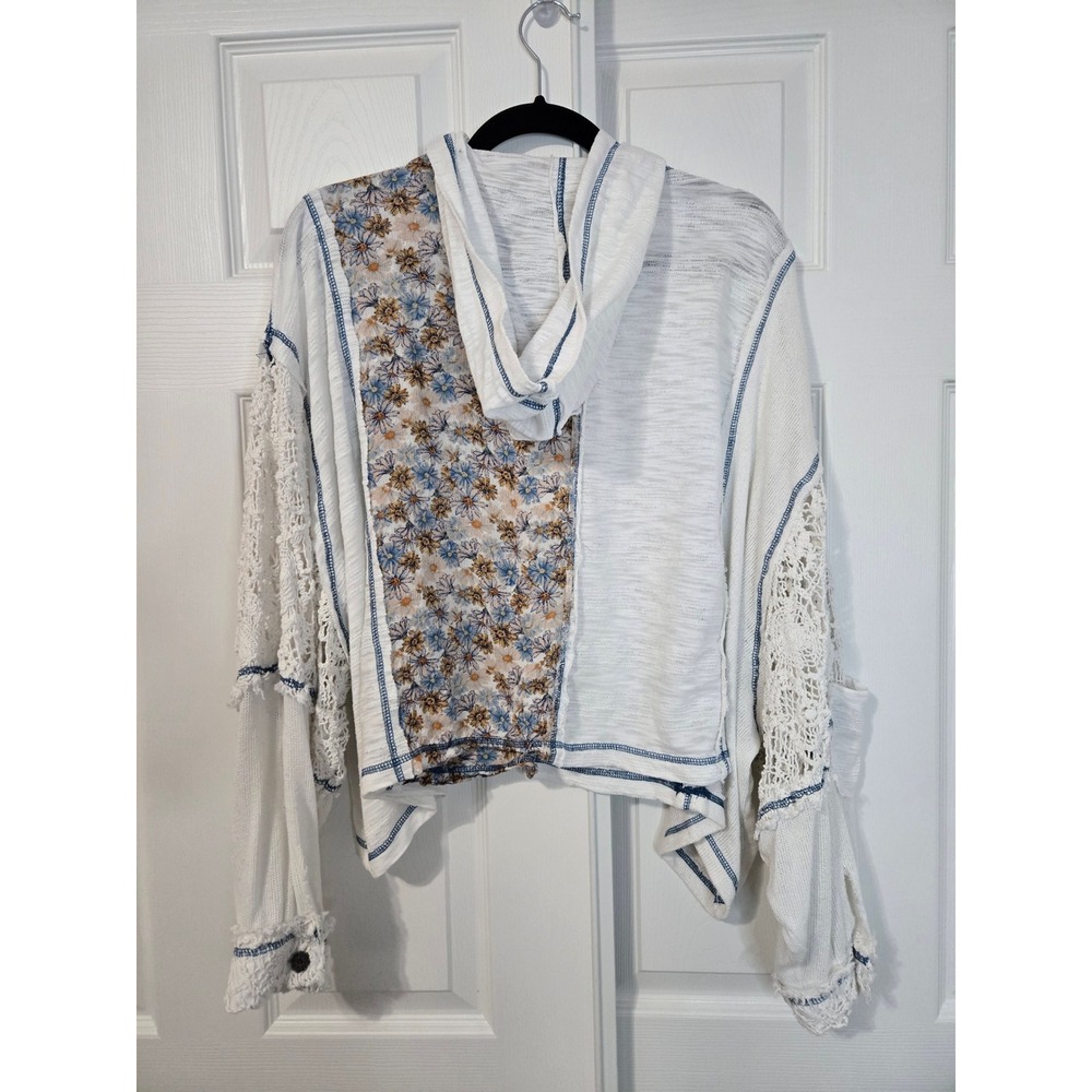 POL Boho Mixed Media Floral Crochet Lace Henley Hoodie White Blue Relaxed Top L - Picture 6 of 6